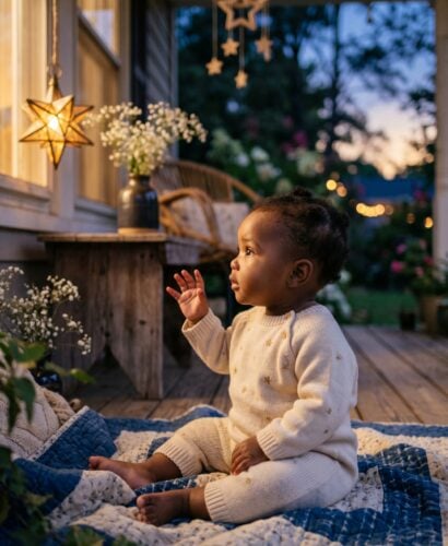Baby Girl in a covered porch at twilight with soft golden fading light — 200+ Baby Names That Mean Star — Celestial Picks for the Next Generation