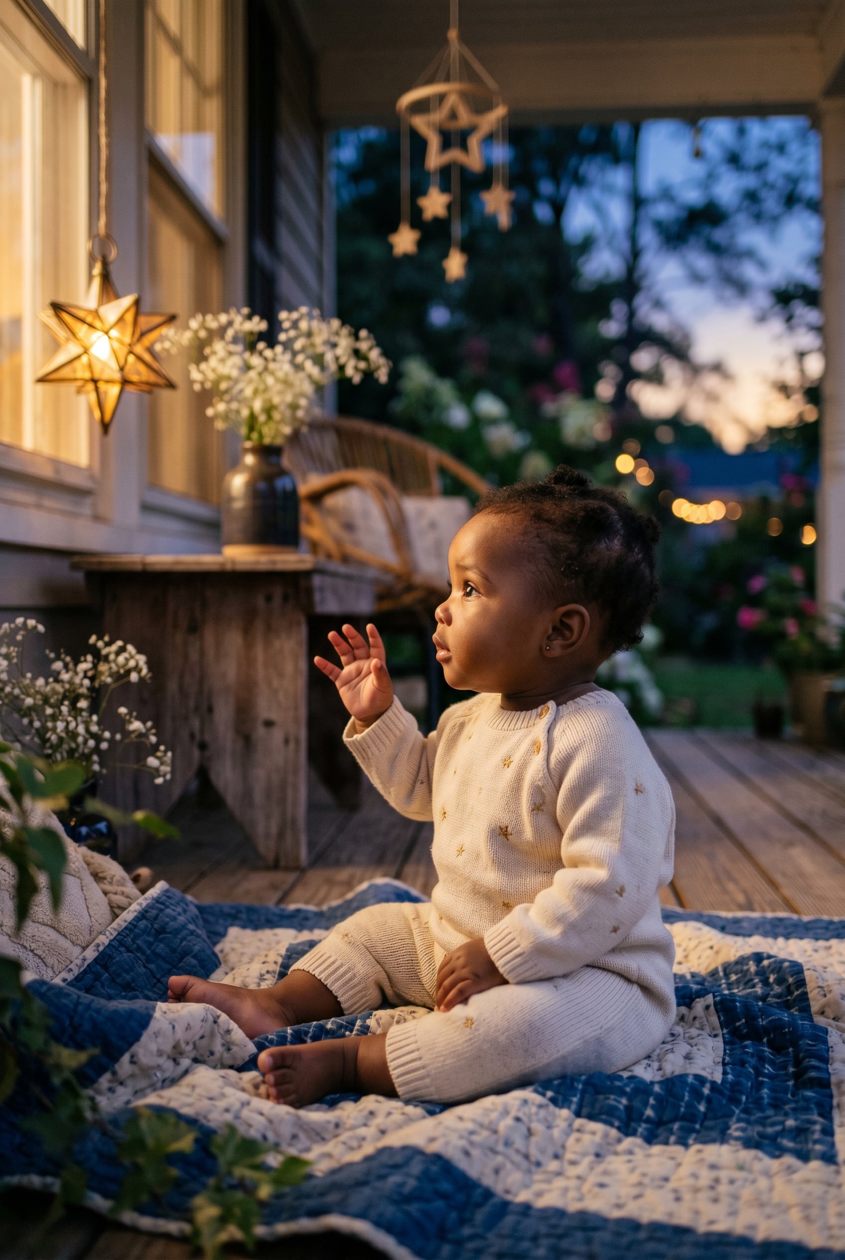 Baby Girl in a covered porch at twilight with soft golden fading light — 200+ Baby Names That Mean Star — Celestial Picks for the Next Generation