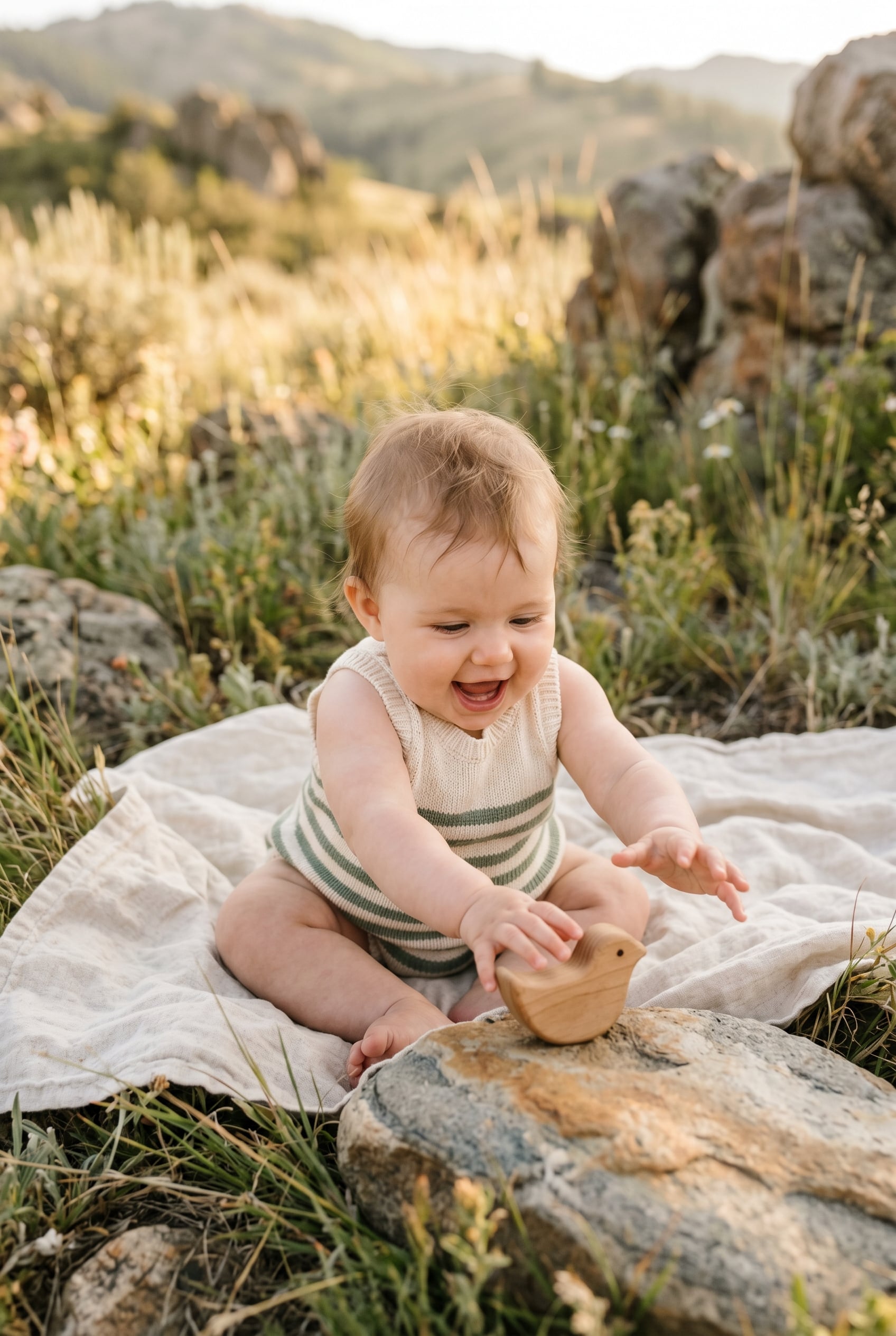 Baby Girl in an open meadow with natural rock formations and tall grasses — 200+ Baby Names That Mean Strength — Powerful Picks for Boys and Girls