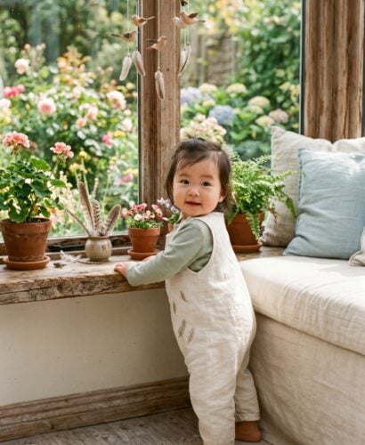 Baby Girl in a bright window seat overlooking gardens and blooming potted plants — 200+ Bird Names for Babies From Robin to Wren and Beyond