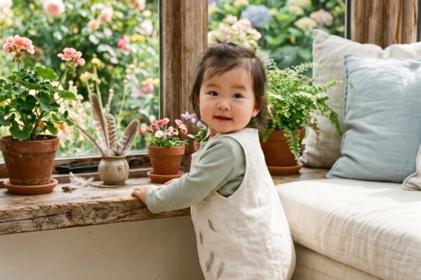 Baby Girl in a bright window seat overlooking gardens and blooming potted plants — 200+ Bird Names for Babies From Robin to Wren and Beyond