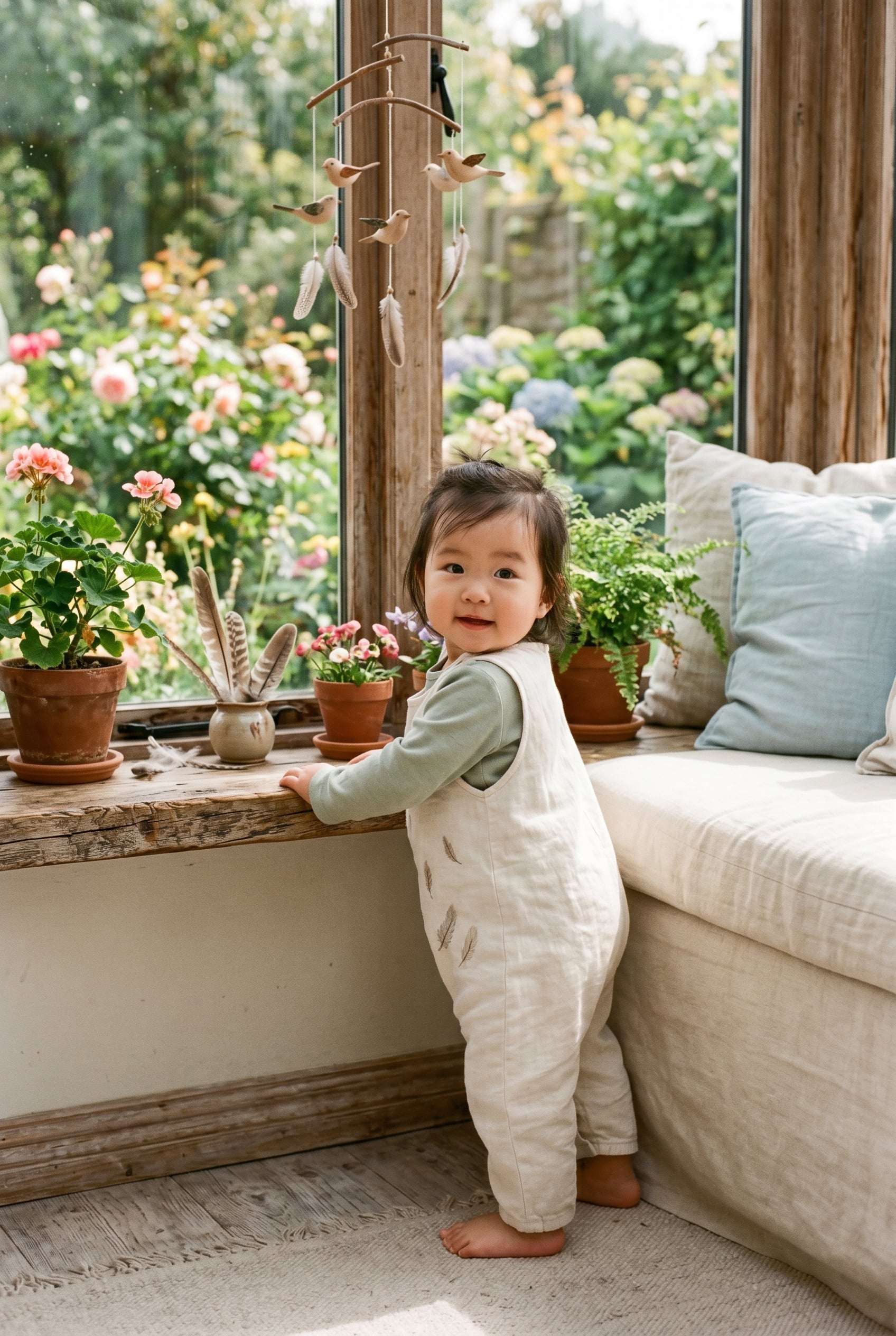 Baby Girl in a bright window seat overlooking gardens and blooming potted plants — 200+ Bird Names for Babies From Robin to Wren and Beyond