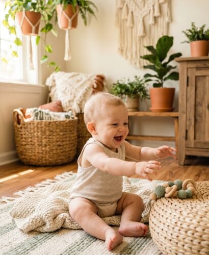 Baby Boy in a sun-filled living room with bohemian textiles and hanging plants — 200+ Boho Baby Boy Names for the Free-Spirit Dad