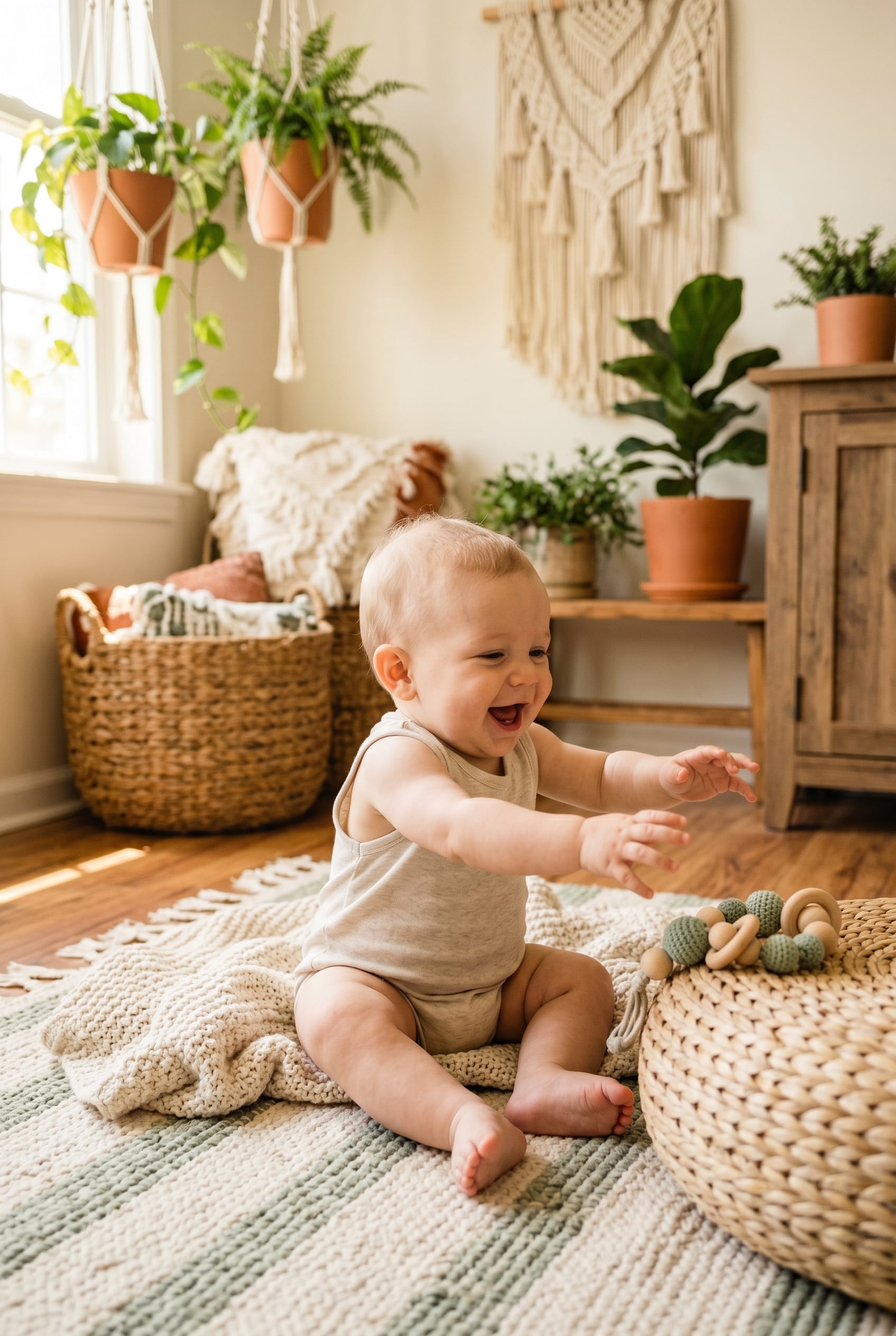 Baby Boy in a sun-filled living room with bohemian textiles and hanging plants — 200+ Boho Baby Boy Names for the Free-Spirit Dad