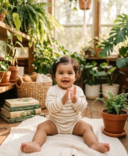 Baby Girl in a sun-filled botanical greenhouse with cascading plants and natural light — 250+ Botanical Baby Names for Nature-Loving Parents