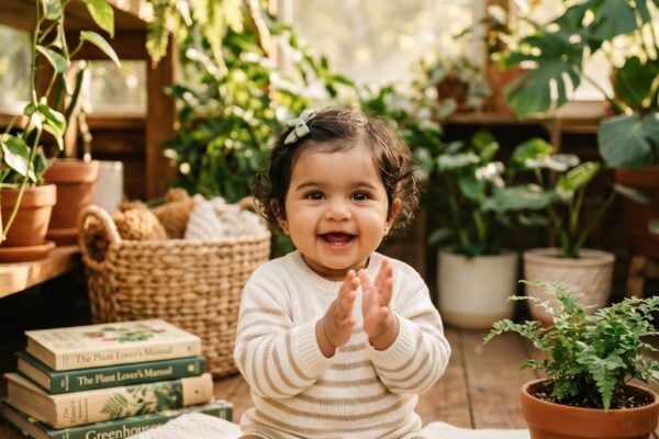 Baby Girl in a sun-filled botanical greenhouse with cascading plants and natural light — 250+ Botanical Baby Names for Nature-Loving Parents