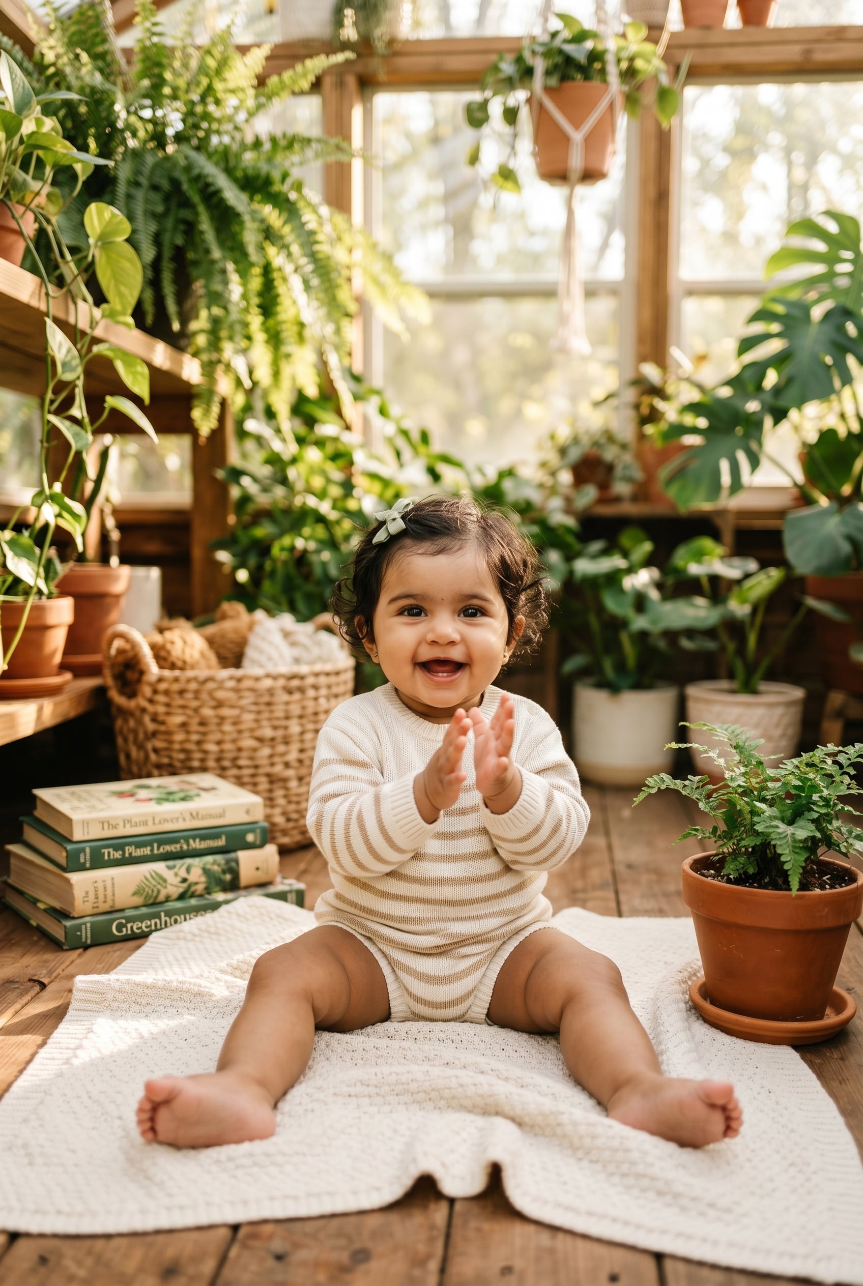 Baby Girl in a sun-filled botanical greenhouse with cascading plants and natural light — 250+ Botanical Baby Names for Nature-Loving Parents