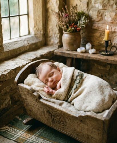 Baby Boy in an ancient stone cottage room with golden afternoon light — 200+ Celtic Baby Boy Names With a Mystical Edge