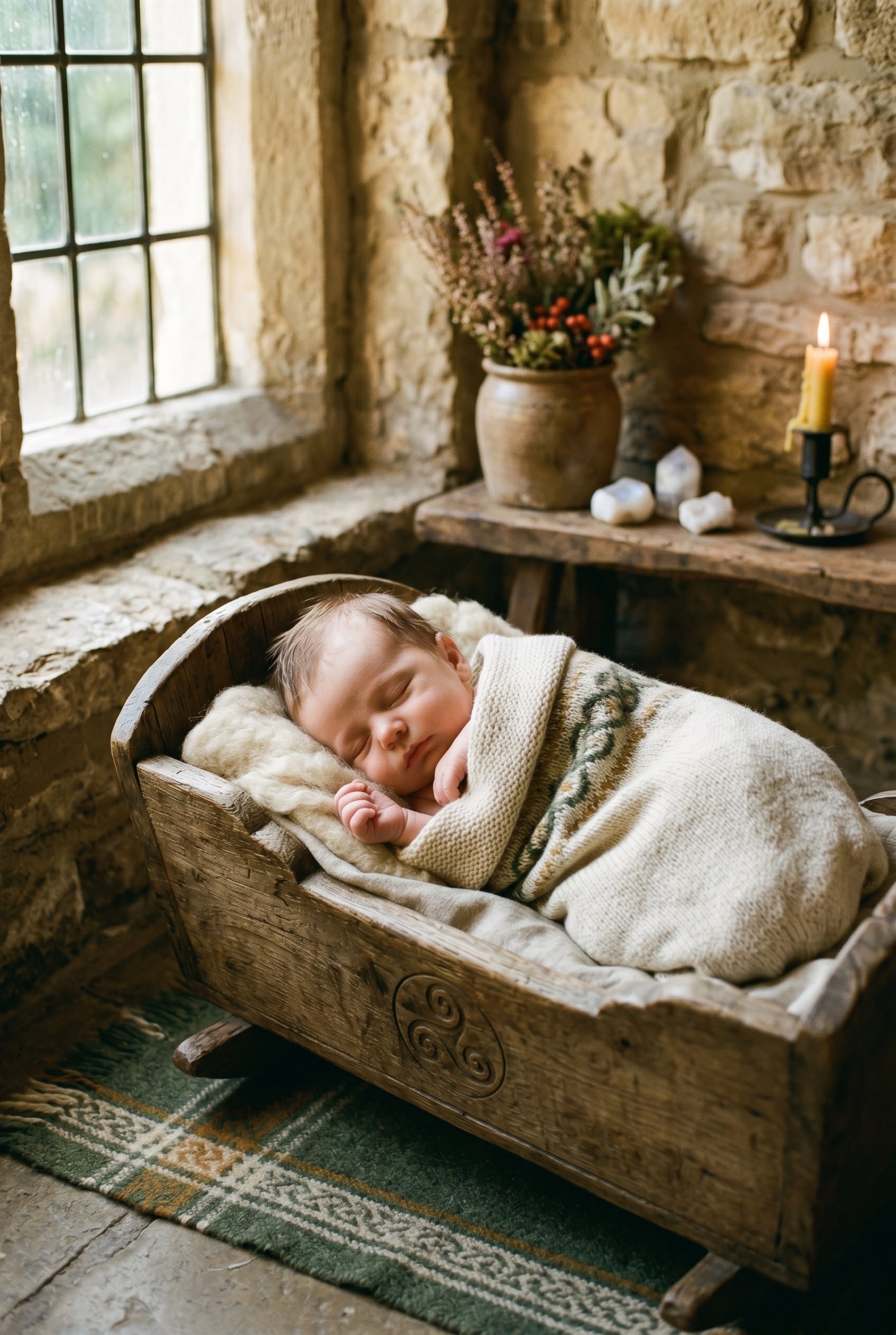 Baby Boy in an ancient stone cottage room with golden afternoon light — 200+ Celtic Baby Boy Names With a Mystical Edge