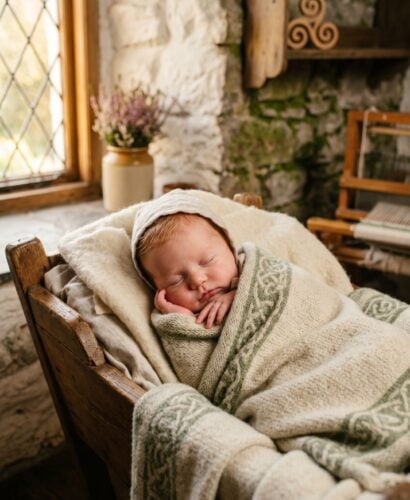Baby Girl in a stone-walled cottage room with vintage Celtic pieces and afternoon light — 200+ Celtic Baby Girl Names That Feel Ancient and Enchanting