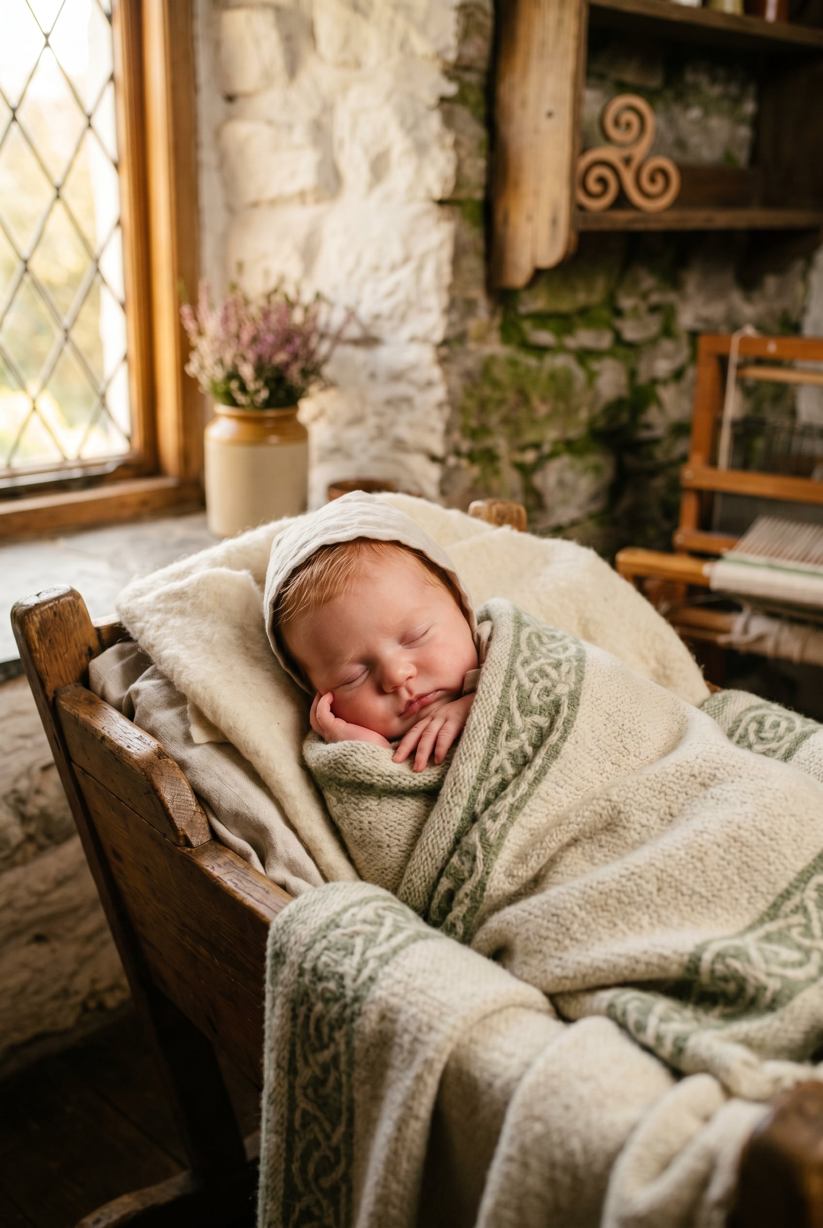 Baby Girl in a stone-walled cottage room with vintage Celtic pieces and afternoon light — 200+ Celtic Baby Girl Names That Feel Ancient and Enchanting