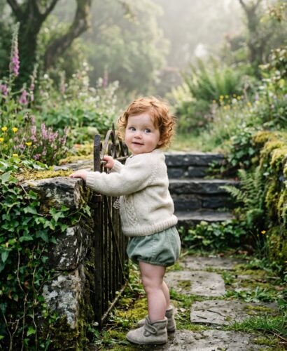 Baby Girl in a misty stone garden with wild ivy and moss — 200+ Celtic Mythology Baby Names — Wild, Poetic, and Wonderfully Untamed