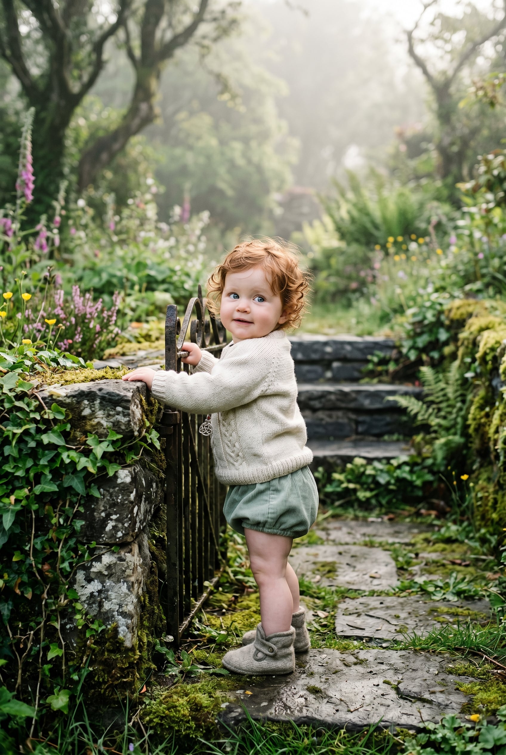 Baby Girl in a misty stone garden with wild ivy and moss — 200+ Celtic Mythology Baby Names — Wild, Poetic, and Wonderfully Untamed