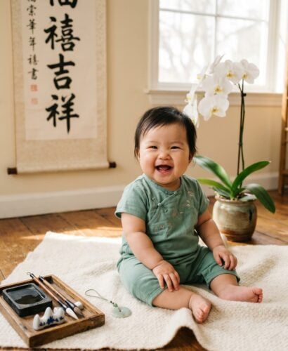 Baby in a studio with calligraphy art and warm natural window light — Chinese Baby Names With Beautiful Characters