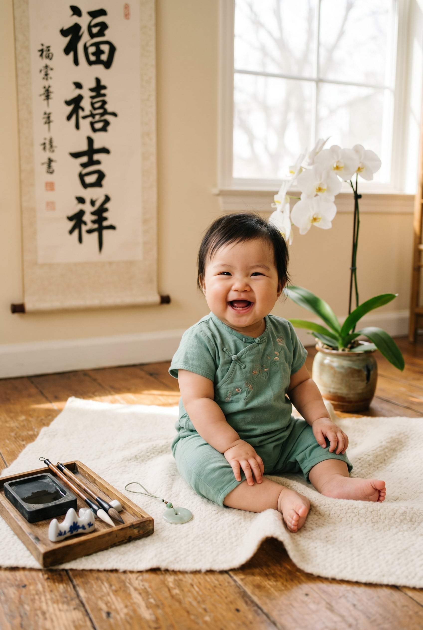 Baby in a studio with calligraphy art and warm natural window light — Chinese Baby Names With Beautiful Characters