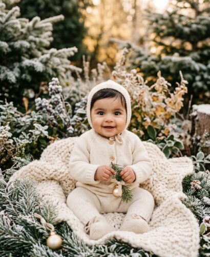 Baby in a frost-covered garden with evergreen branches and soft golden light — Christmas Baby Names for Your Holiday Babe