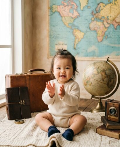 Baby Girl in a bright studio with vintage world maps and weathered globes — 300+ City Names for Babies With a World-Traveler Soul