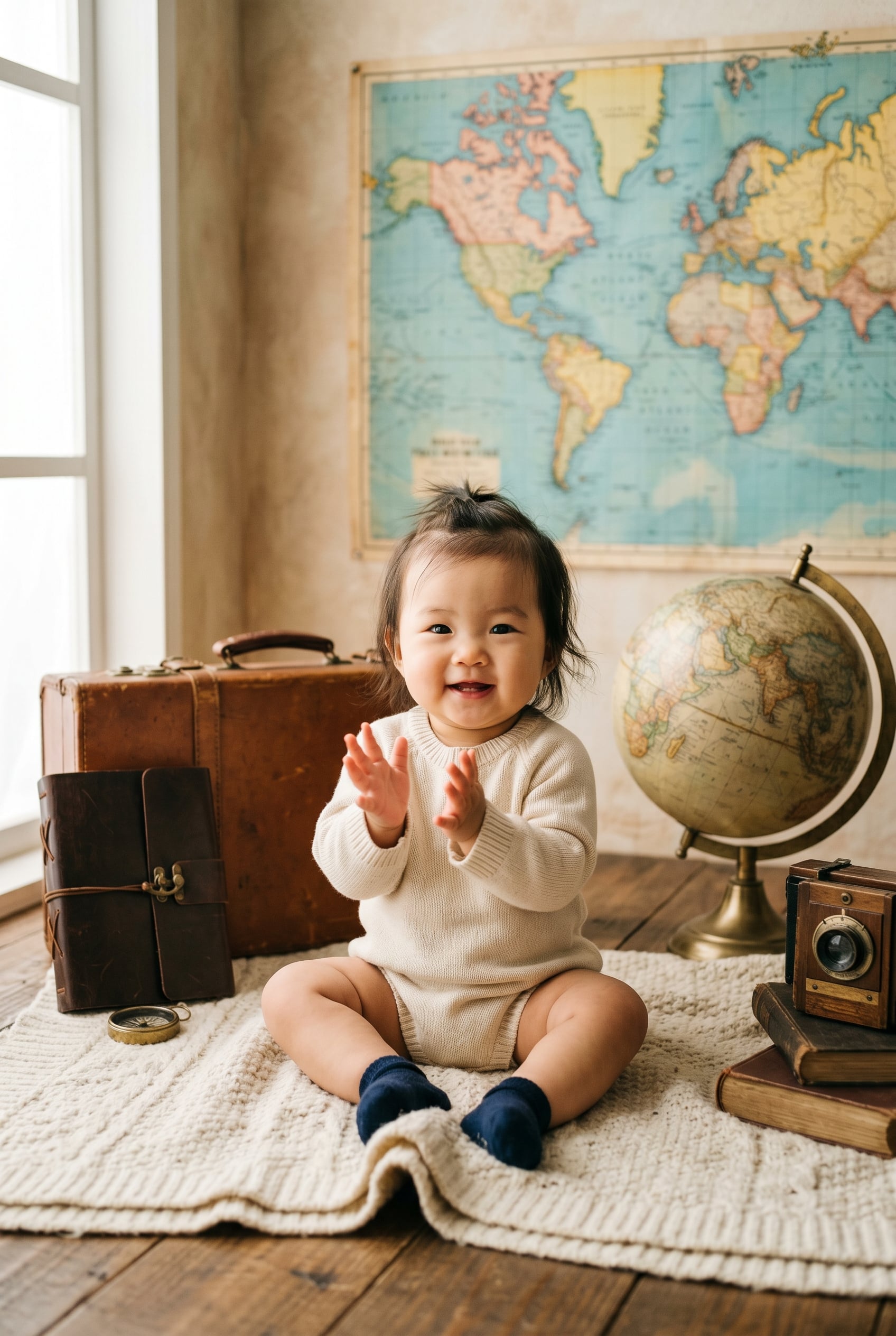 Baby Girl in a bright studio with vintage world maps and weathered globes — 300+ City Names for Babies With a World-Traveler Soul