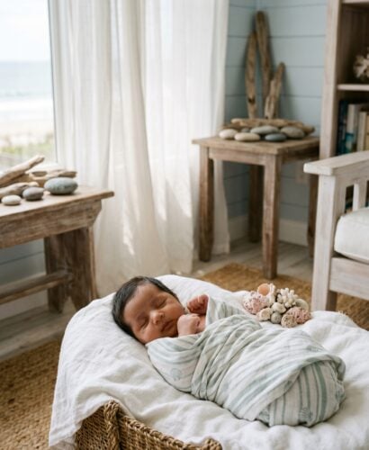 Baby Girl in a sun-filled beach house room with sheer white curtains — 200+ Coastal Baby Names for Sea-Loving Families