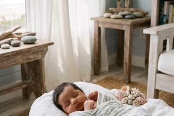 Baby Girl in a sun-filled beach house room with sheer white curtains — 200+ Coastal Baby Names for Sea-Loving Families