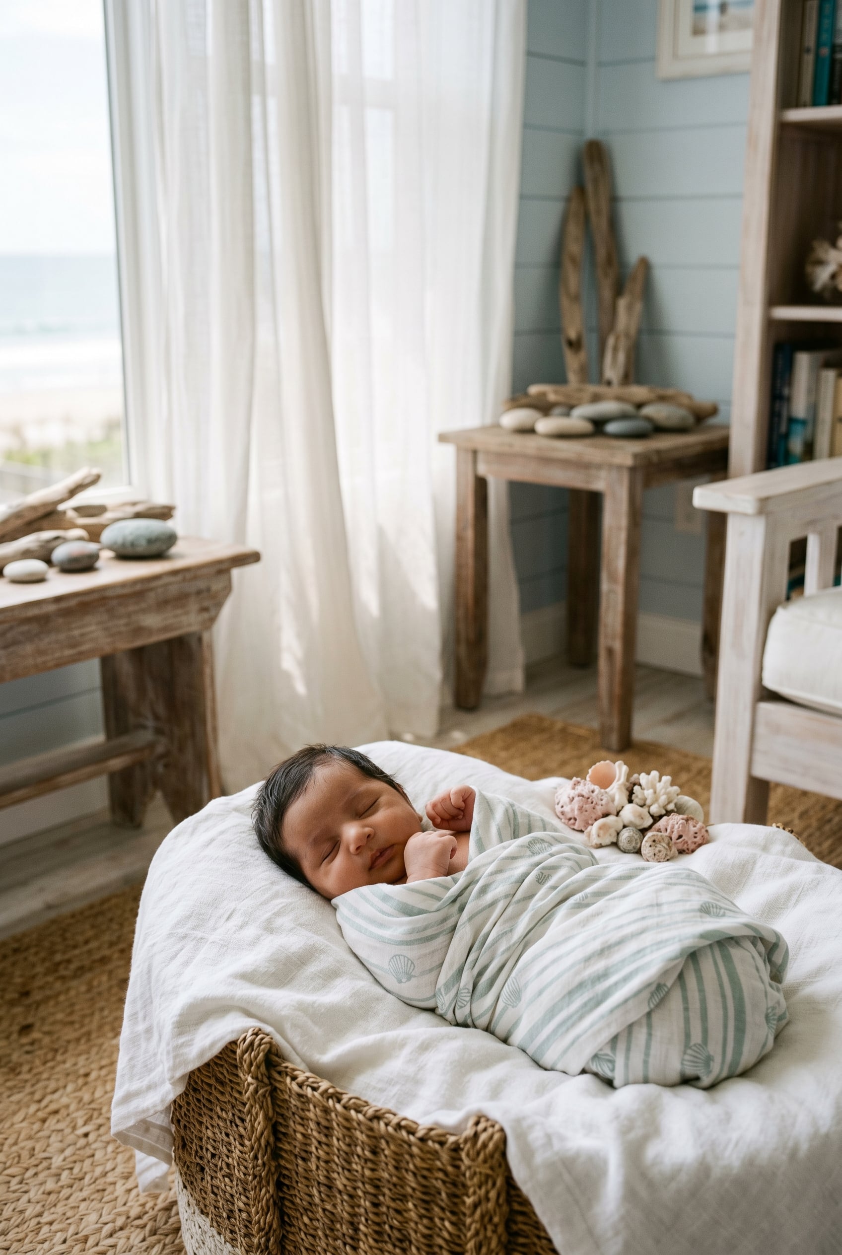 Baby Girl in a sun-filled beach house room with sheer white curtains — 200+ Coastal Baby Names for Sea-Loving Families