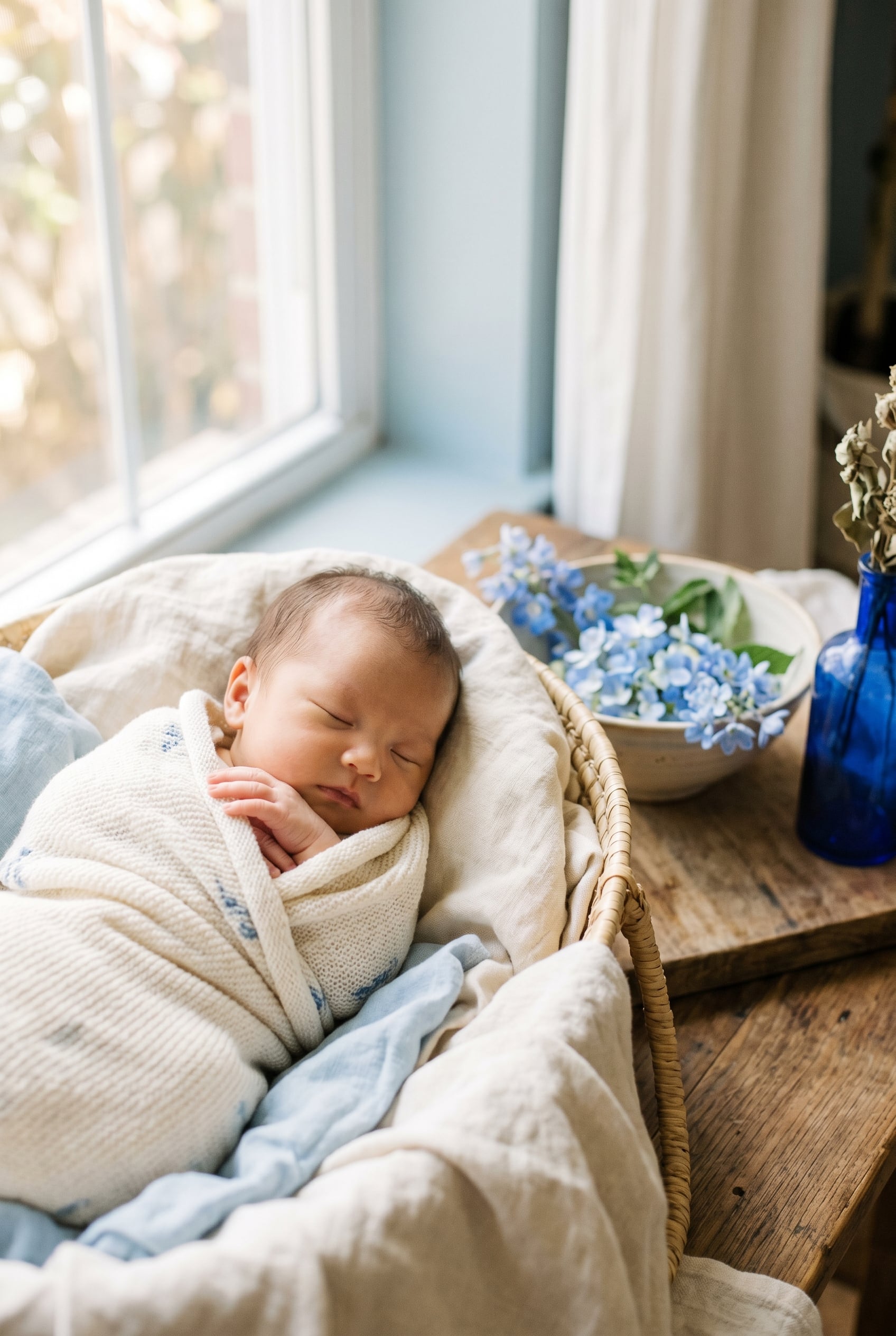 Baby Girl in a soft studio with pale blue backdrop near a window — 200+ Color-Inspired Baby Names From Azure to Indigo