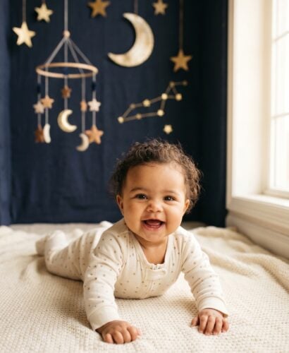 Baby in a studio alcove with navy backdrop and golden celestial props — Cosmic Baby Names Inspired by the Universe
