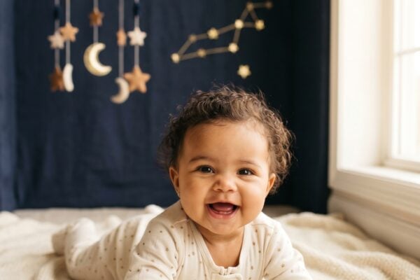 Baby in a studio alcove with navy backdrop and golden celestial props — Cosmic Baby Names Inspired by the Universe