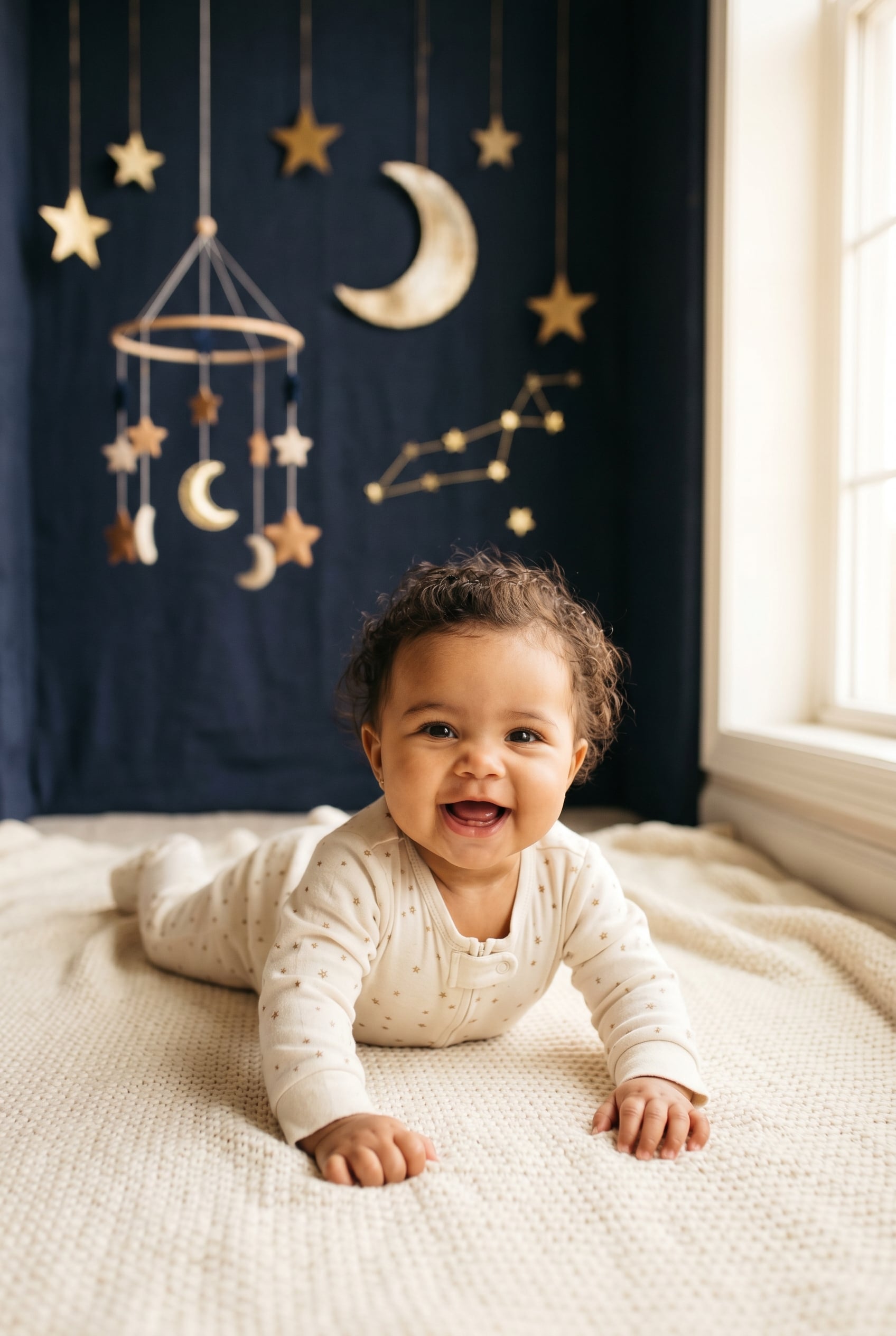 Baby in a studio alcove with navy backdrop and golden celestial props — Cosmic Baby Names Inspired by the Universe