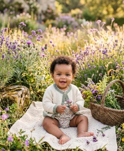 Baby Girl in a wildflower meadow with rustic cottage garden elements — 250+ Cottagecore Girl Names That Feel Like a Wildflower Field