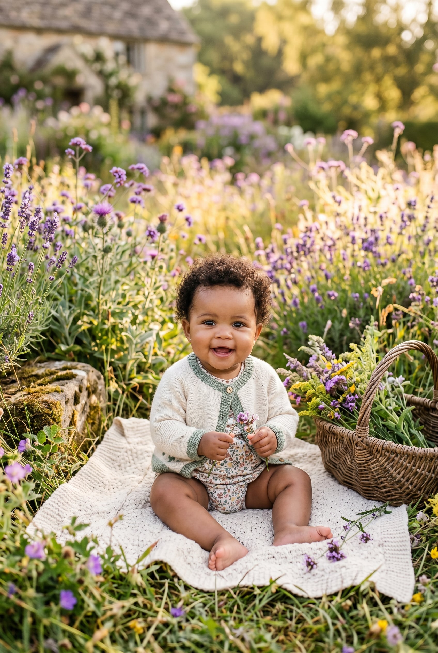 Baby Girl in a wildflower meadow with rustic cottage garden elements — 250+ Cottagecore Girl Names That Feel Like a Wildflower Field