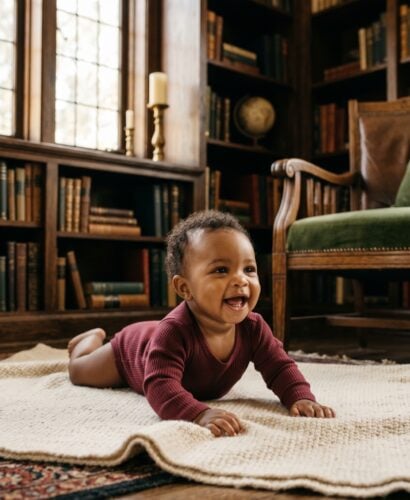 Baby Girl in a home library corner with dark wooden shelves — 200+ Dark Academia Baby Names for the Bookish, Brooding Parent