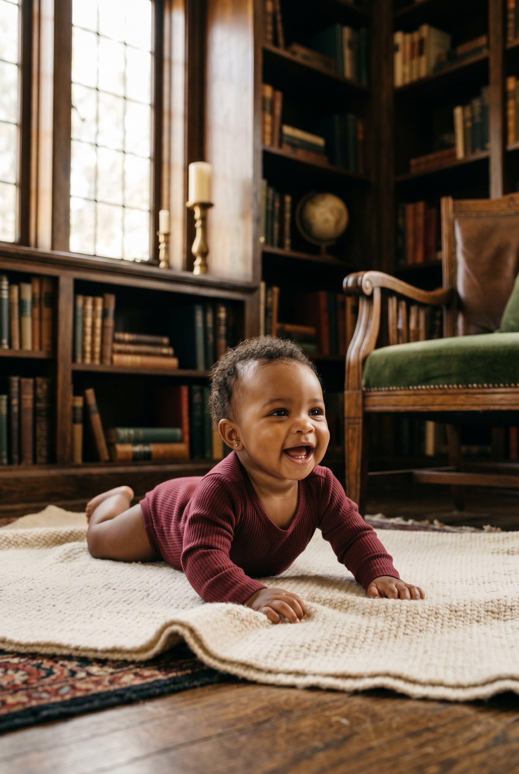 Baby Girl in a home library corner with dark wooden shelves — 200+ Dark Academia Baby Names for the Bookish, Brooding Parent
