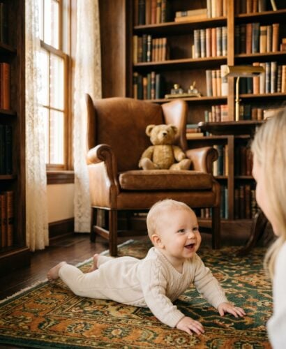 Baby Boy in a sunlit vintage study with leather wingback chair and dark wooden bookshelves — Edwardian Baby Boy Names With Classic Gravitas