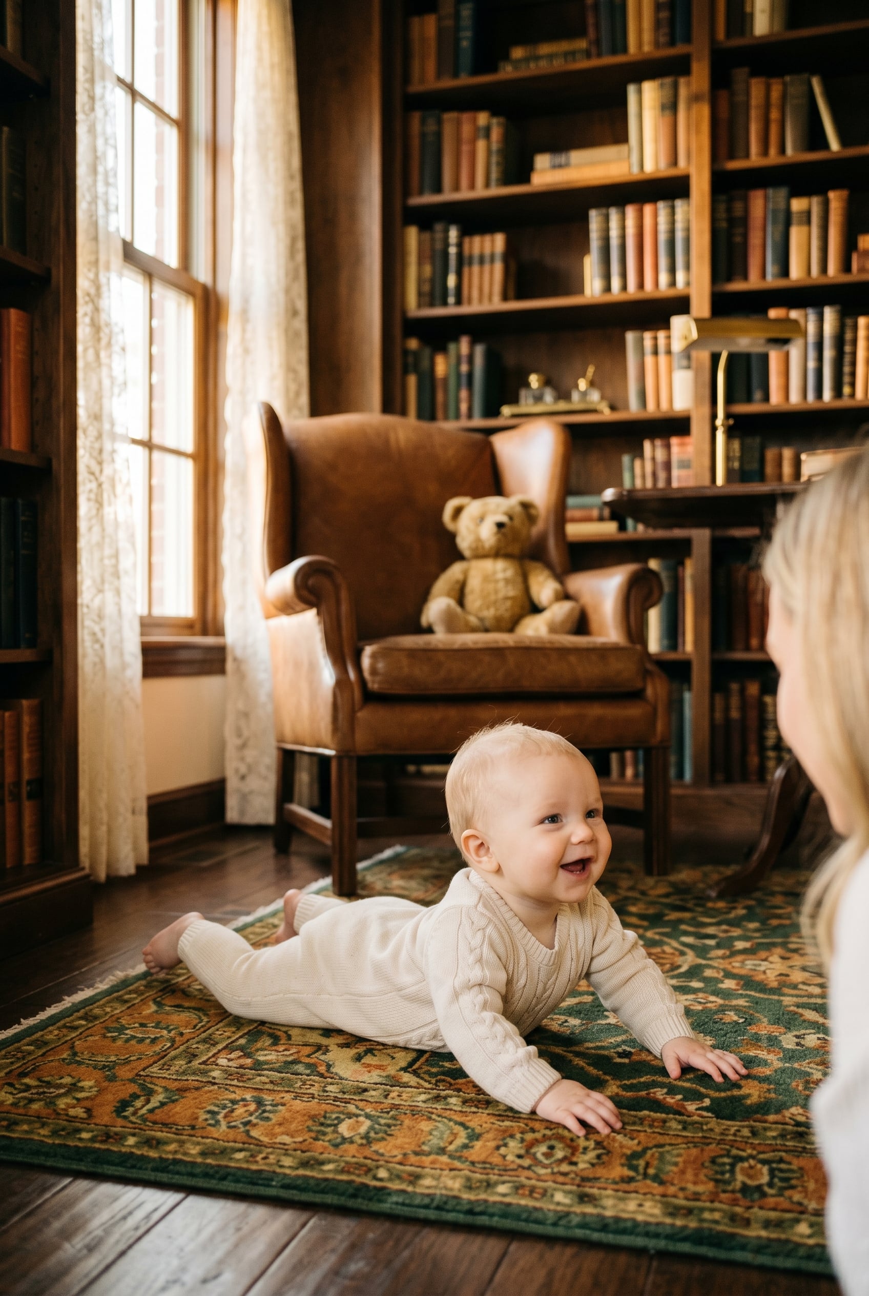 Baby Boy in a sunlit vintage study with leather wingback chair and dark wooden bookshelves — Edwardian Baby Boy Names With Classic Gravitas