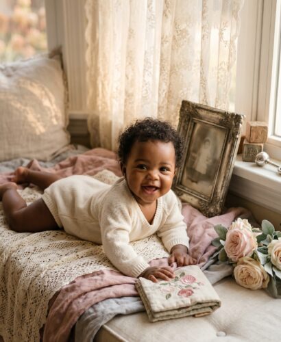 Baby Girl in a sunlit window seat with soft vintage linens and lace — Edwardian Baby Girl Names With Refined Elegance