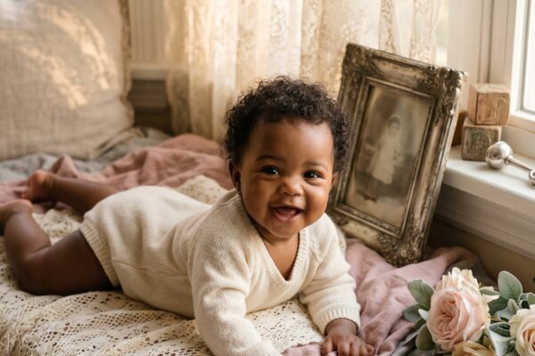 Baby Girl in a sunlit window seat with soft vintage linens and lace — Edwardian Baby Girl Names With Refined Elegance