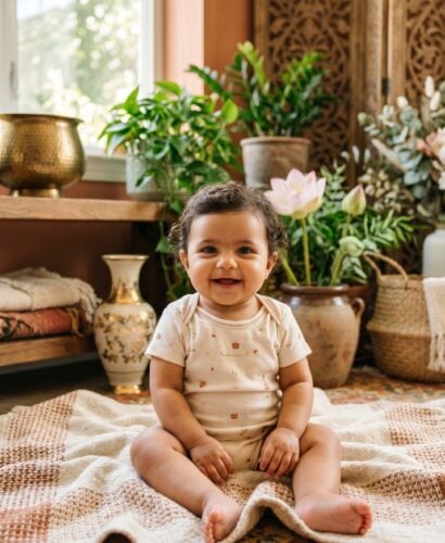 Baby Girl in a sun-filled room with gold accents, warm terracotta, botanical plants — 200+ Egyptian Mythology Baby Names — Mystical, Ancient, and Strikingly Beautiful