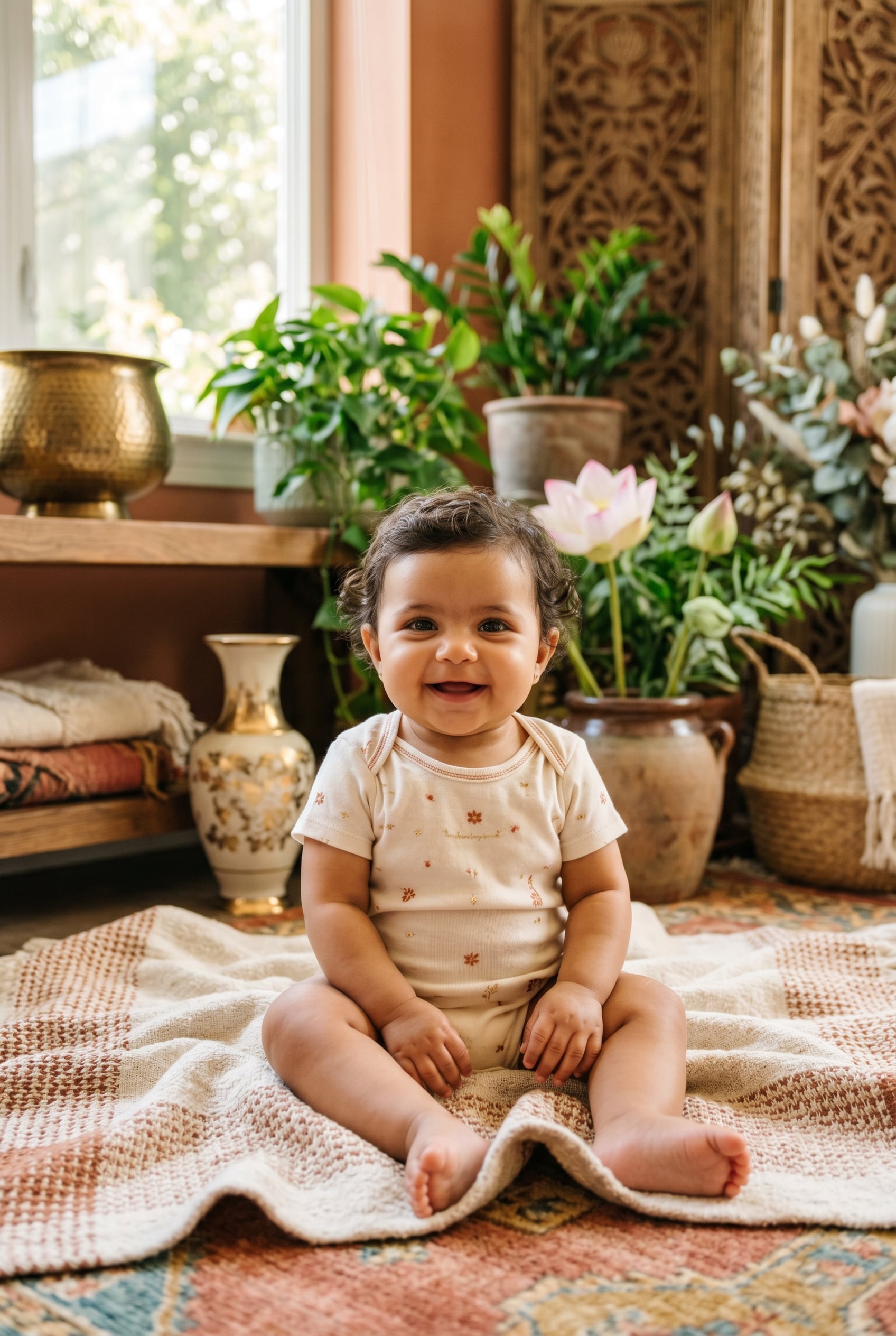 Baby Girl in a sun-filled room with gold accents, warm terracotta, botanical plants — 200+ Egyptian Mythology Baby Names — Mystical, Ancient, and Strikingly Beautiful
