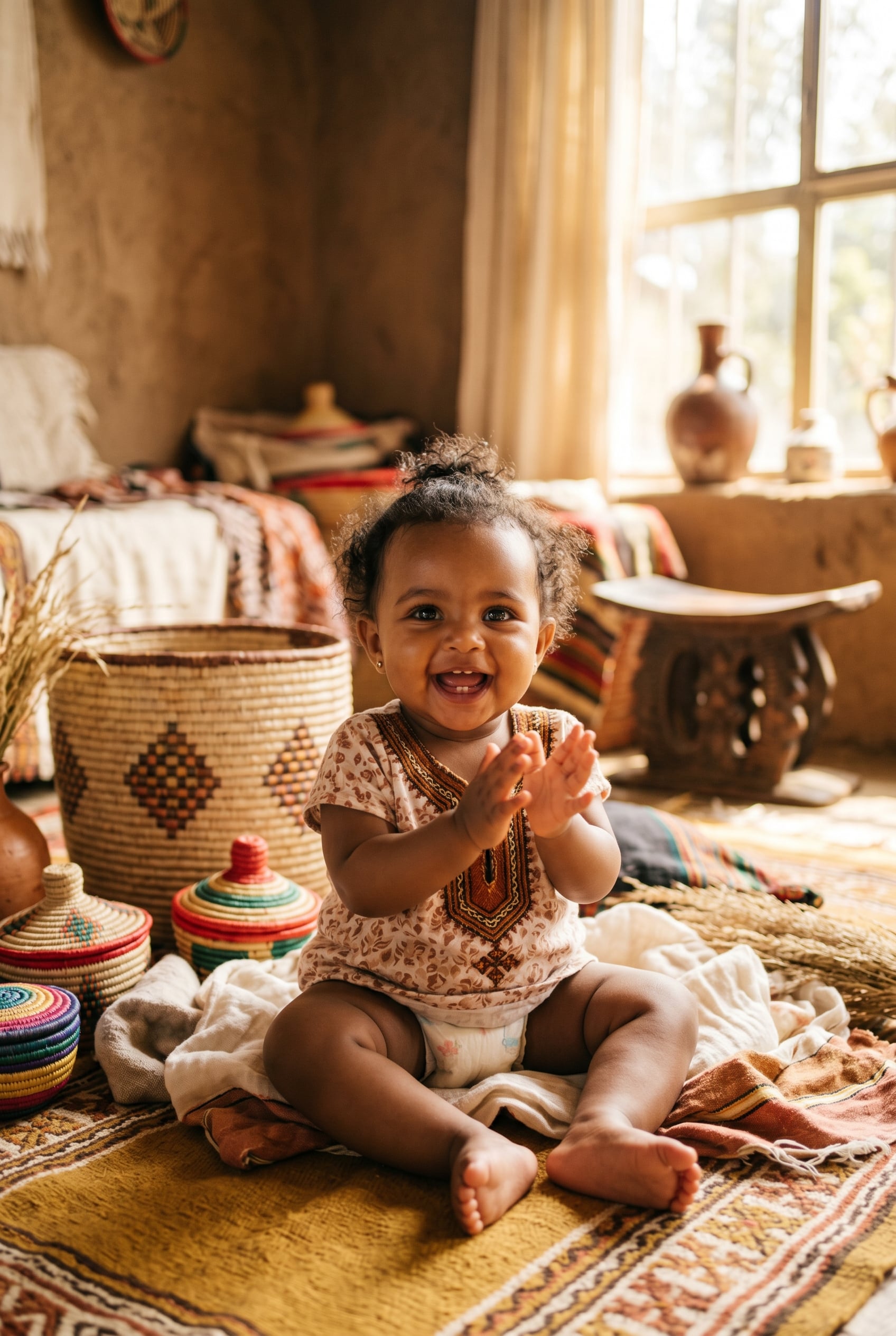 Baby in a sunlit room with layered Ethiopian woven textiles and baskets — Ethiopian Baby Names With Powerful Meanings