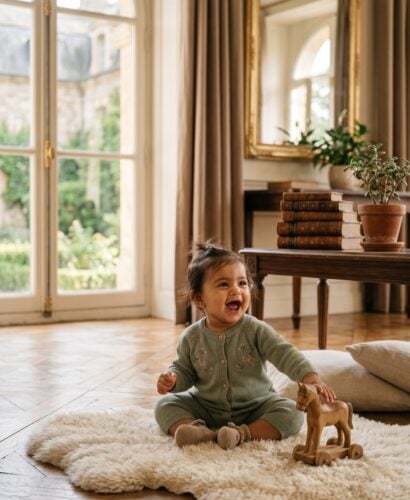 Baby Girl in a sun-filled European living room with parquet and arched windows — 200+ European City Baby Names With Old-World Elegance