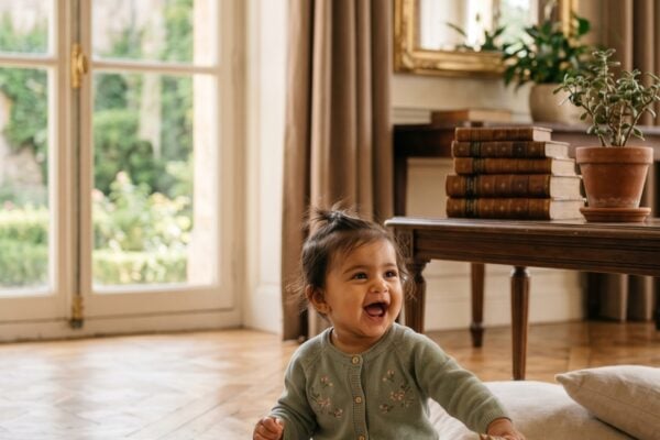 Baby Girl in a sun-filled European living room with parquet and arched windows — 200+ European City Baby Names With Old-World Elegance