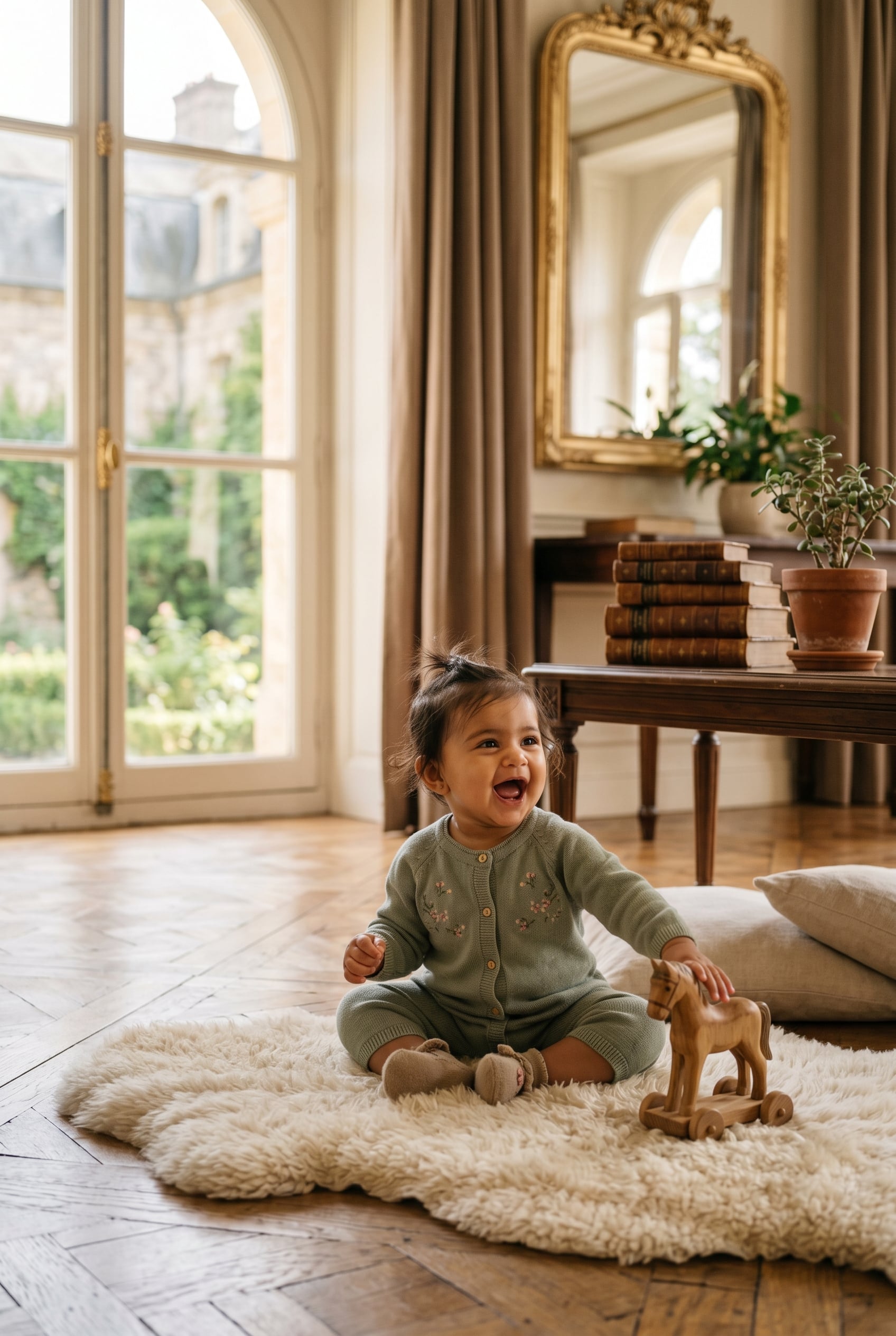 Baby Girl in a sun-filled European living room with parquet and arched windows — 200+ European City Baby Names With Old-World Elegance