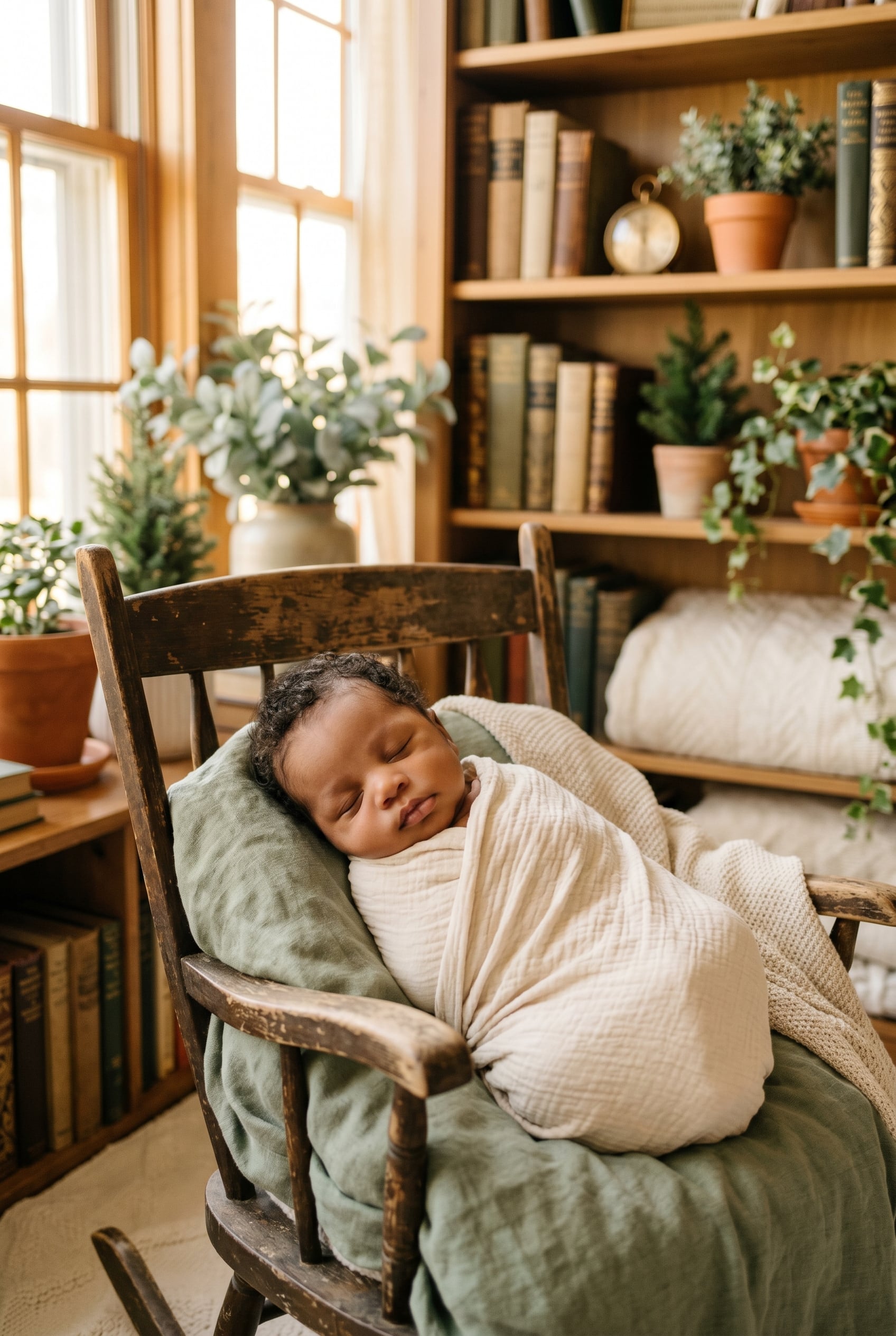 Baby in A bright, airy space with vintage books and potted plants — Evergreen Baby Names That Never Date