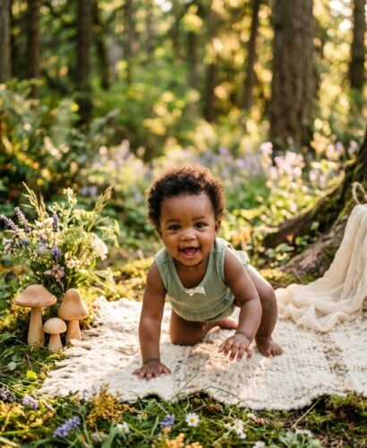 Baby Girl in a sunlit forest glade dappled with wildflowers and moss — 200+ Fairycore Girl Names Straight Out of an Enchanted Forest