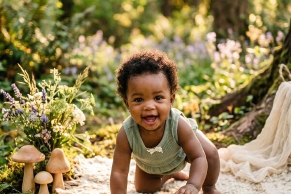 Baby Girl in a sunlit forest glade dappled with wildflowers and moss — 200+ Fairycore Girl Names Straight Out of an Enchanted Forest