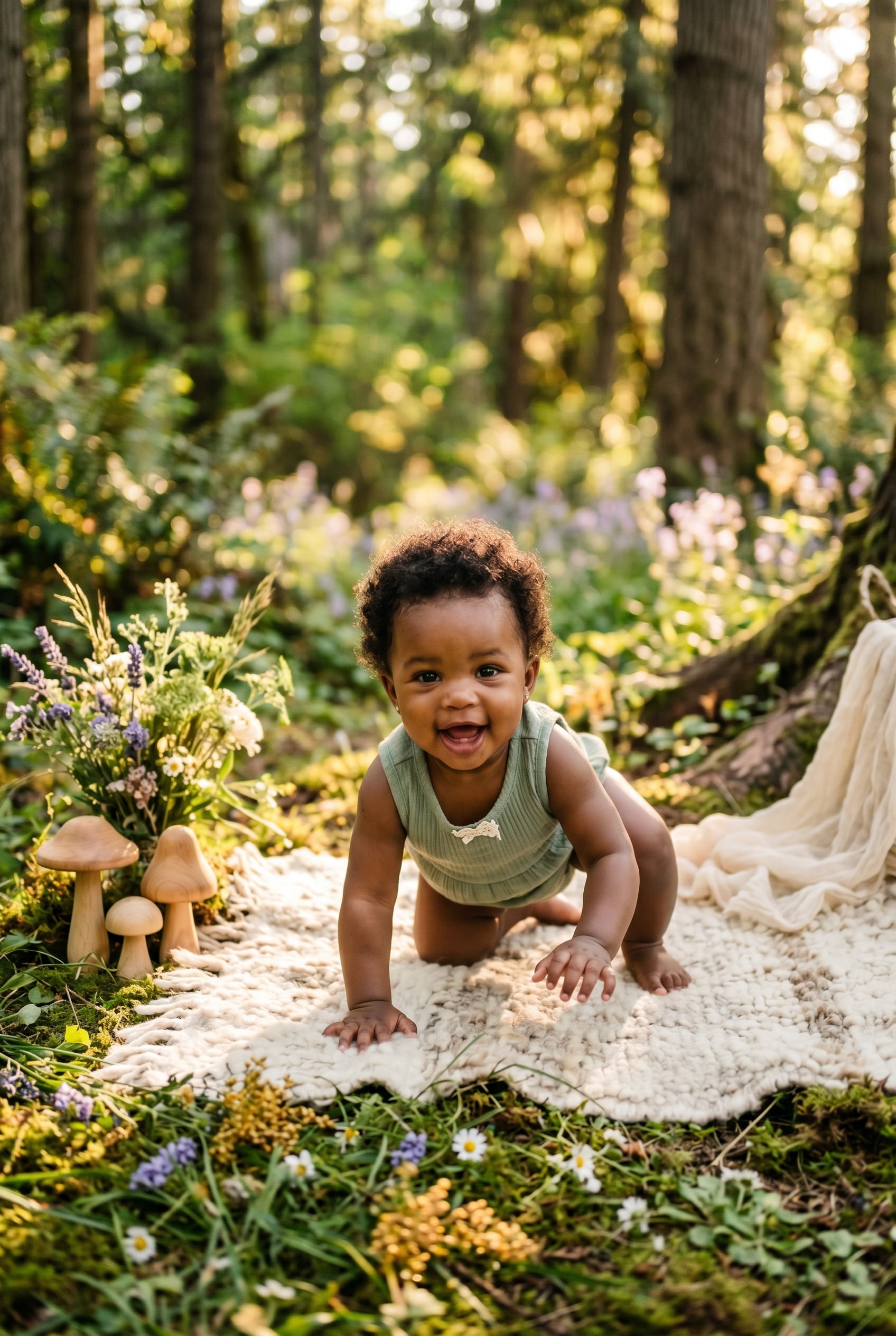 Baby Girl in a sunlit forest glade dappled with wildflowers and moss — 200+ Fairycore Girl Names Straight Out of an Enchanted Forest