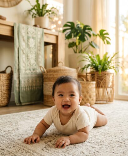 Baby in a bright room with woven textiles and potted tropical plants — Filipino Baby Names Rooted in Heritage