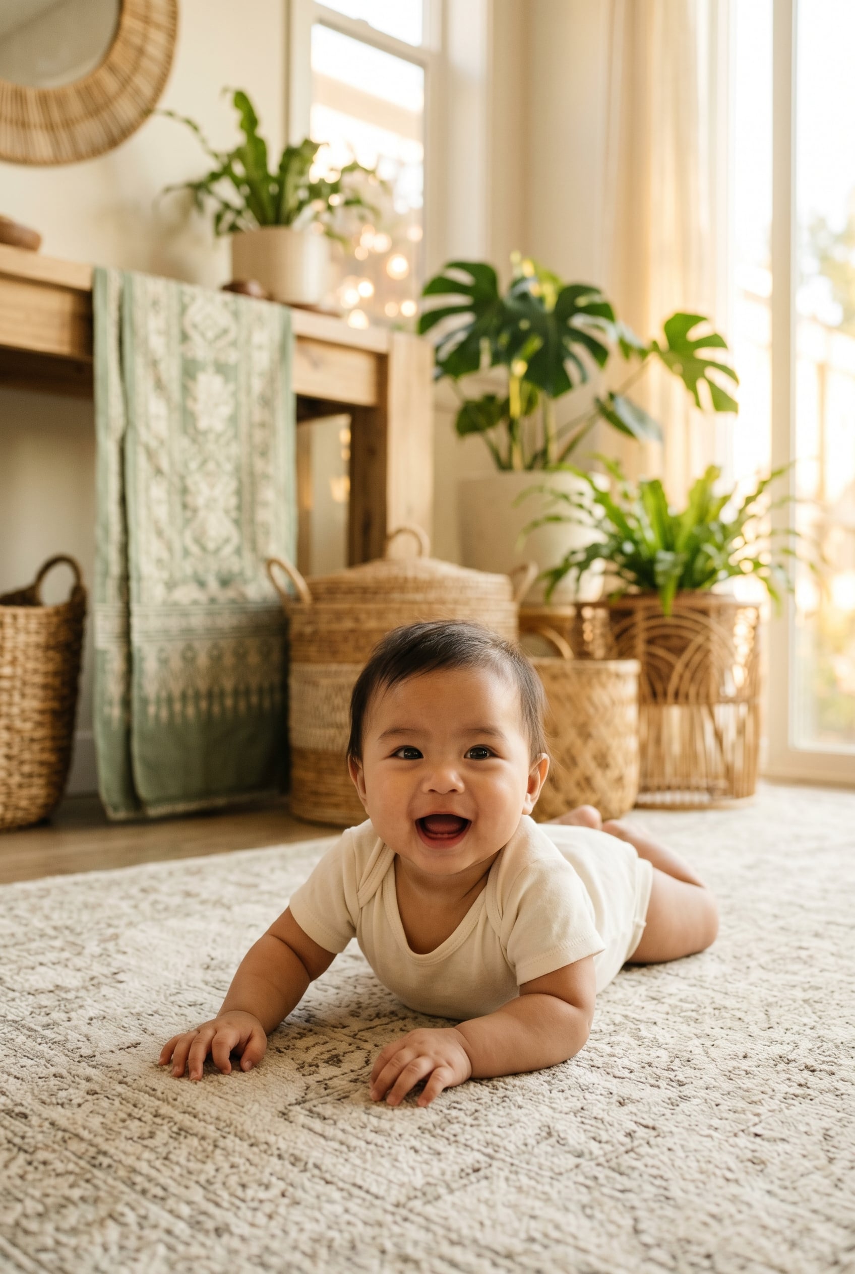 Baby in a bright room with woven textiles and potted tropical plants — Filipino Baby Names Rooted in Heritage