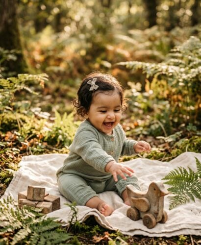 Baby Girl in a sunlit forest clearing with dappled light and natural ground — 200+ Forest Baby Names for Your Little Woodland Wanderer